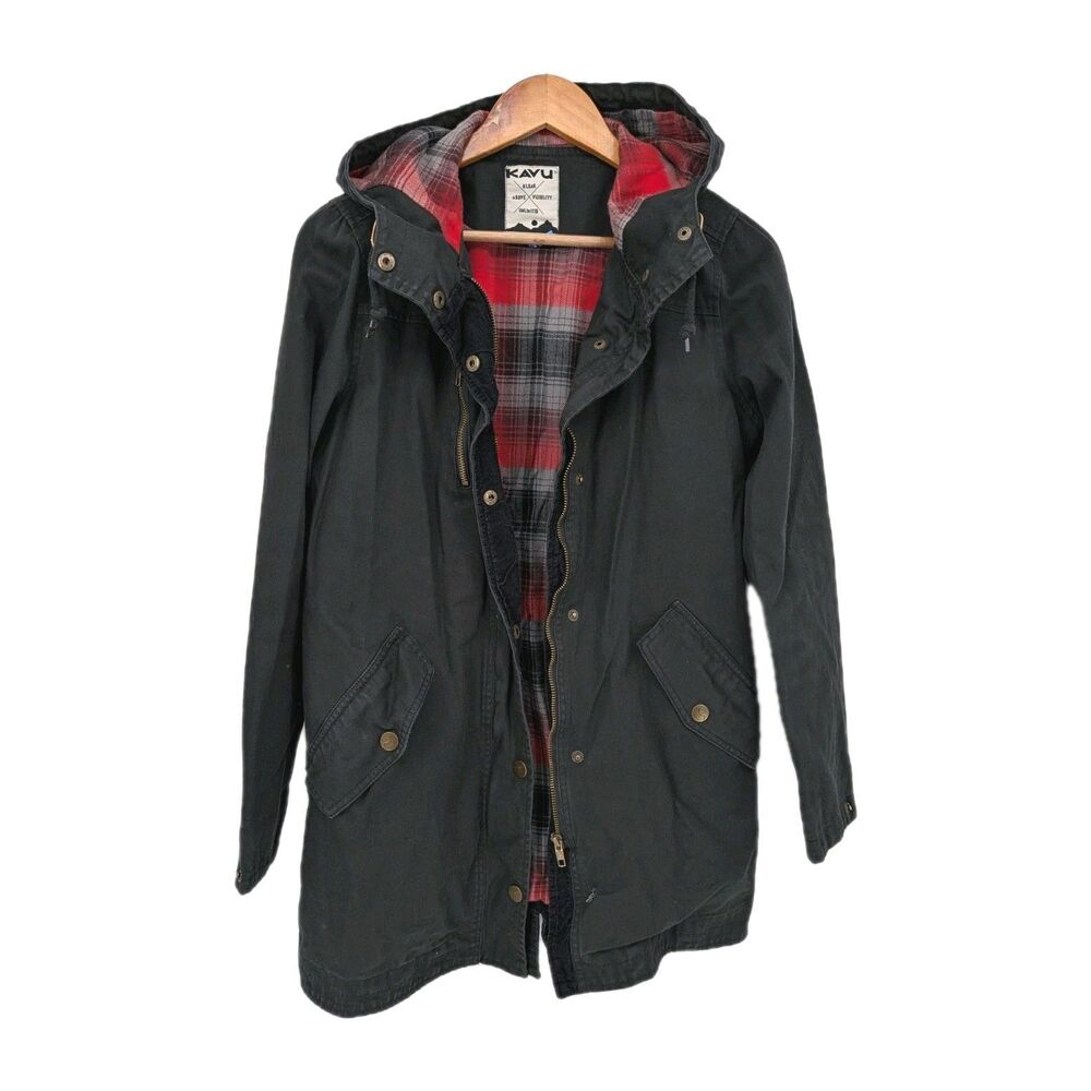 Kavu women's Utility jacket Medium Plaid lined hooded Cotton Snap Buttons Zip